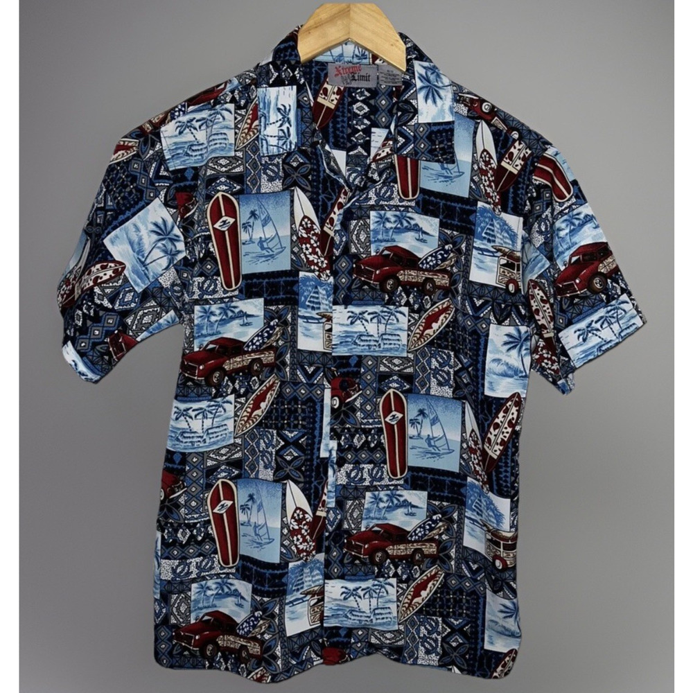 Xtreme Limit Hawaiian Surfboard Beach Collared Shirt Boys 10/12 Button Up Blue